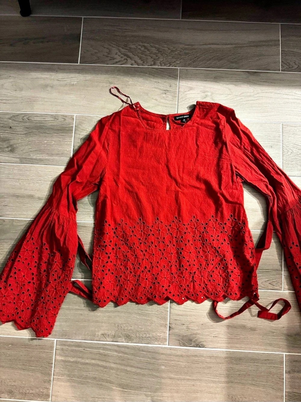 Style&Co Eyelet Bell Sleeve Blouse in Red Size Medium